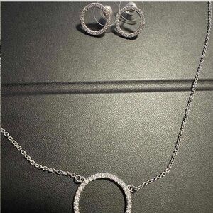 Macy's Silver Pave Circle Necklace with Matching Hoop Earrings